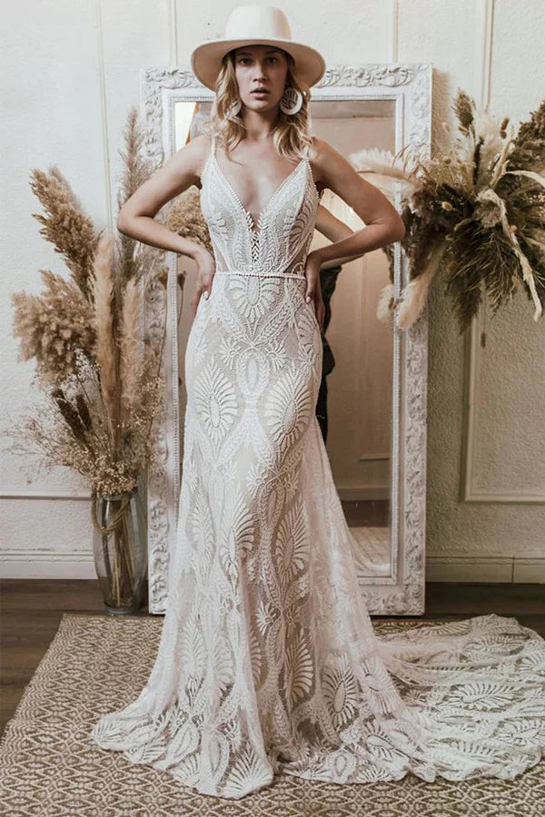 Mermaid V Neck Lace Bohemian Long Wedding Dress Bridal Gown